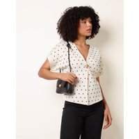 Polka Dot Short-Sleeve Knit Cardigan Top - S/M / IVORY