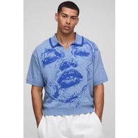 Polo Oversize De Punto Jacquard Con Cara, Azul