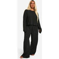 Pijama Plus De Pantalón Largo Texturizado Con Filo Ondulado, Negro