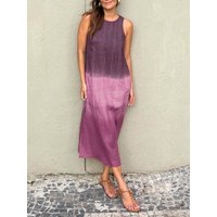 Casual cotton and linen slit gradient tie-dye long dress