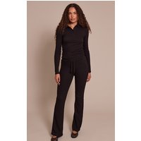 Tall Black Drawstring Rib Flare Trousers