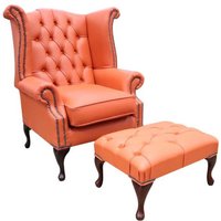 Chesterfield Offer Queen Anne High Back Wing Chair Flamenco Orange Leather Footstool