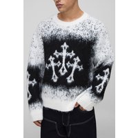 Oversized Boxy Fit Cross Jacquard Fluffy Knitted Jumper, Negro