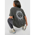 Camiseta Plus Oversize Sobreteñida Con Estampado Celestial En La Espalda, Gris