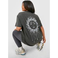 Camiseta Plus Oversize Sobreteñida Con Estampado Celestial En La Espalda, Gris