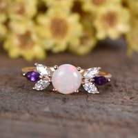 0.8CT Art Deco Round Cut White Fire Natural Opal Engagement Ring Rose Gold