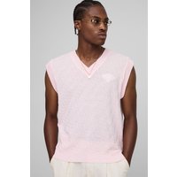 Chaleco Recto Regular De Punto Con Bordado Cruzado, Pink