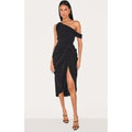 Black Chiffon Asymmetric Strap Draped Midi Dress