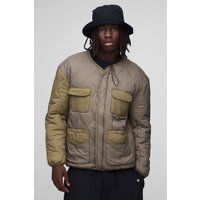 Regular Fit Collarless Quilted Ripstop Colour Block Liner Jacket, Verde