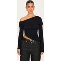 Black Contour Jersey Fold Over Detail Bardot Long Sleeve Top
