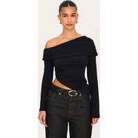 Black Contour Jersey Fold Over Detail Bardot Long Sleeve Top