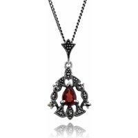 Art Nouveau Style Pear Garnet & Marcasite Garland Pendant in Silver