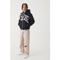 Sudadera Oversize Recta Con Capucha, Cremallera Y Estampado De Estrellas, Negro