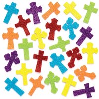Cross Glitter Foam Stickers (Pack of 120) Easter Craft Supplies, 6 Assorted Colours, 5 Designs