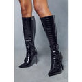 Womens Leather Look Croc Heeled Boots - black - 3, Black