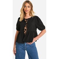 Top Holgado Texturizado Con Mangas Abullonadas Y Atadura Frontal, Negro