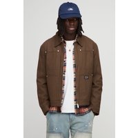 Regular Fit Contrast Collar Twill Worker Jacket, Brown
