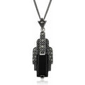 Art Deco Style Rectangle Black Onyx Cabochon & Marcasite Necklace In Sterling Silver