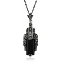 Art Deco Style Rectangle Black Onyx Cabochon & Marcasite Necklace In Sterling Silver