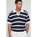 Man Embroidered Oversized Boxy Herringbone Stripe Knitted Polo, Navy