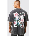 Camiseta Oversize Con Estampado Gráfico De Flores Y Lavado De Ácido, Gris
