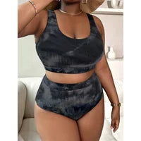Plus Size Tie Dye Ribbed Tankini Set Casual Beach Swimwear