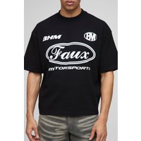 Camiseta Oversize Recta Con Cuello Extendido Y Estampado Gráfico De Motociclismo, Negro