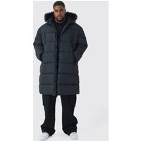 Chaqueta Plus Acolchada Negra Larga De Pelo Sintético Con Capucha, Negro