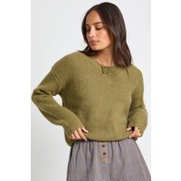 Asymmetric Button Neck Detail Knitted Jumper, Verde