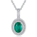 18K White Gold Oval Shaped Diamond & Emerald Oval Shaped Pendant Necklace