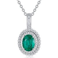 18K White Gold Oval Shaped Diamond & Emerald Oval Shaped Pendant Necklace