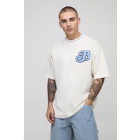 Camiseta Oversize Con Bordado Universitario, Cream