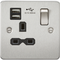 KnightsBridge Flat plate 13A 1G switched socket with dual USB charger (2.4A) - brushed chrome with black insert