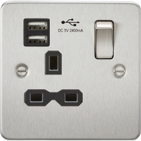 KnightsBridge Flat plate 13A 1G switched socket with dual USB charger (2.4A) - brushed chrome with black insert