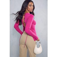 Womens Rib Knit Tie Back Detail Top - pink - S/M, Pink