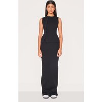 Black Ribbed Detail Mid Rise Maxi Skirt