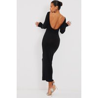 Black Acetate Slinky Long Sleeve Slash Neck Open Back Maxi Dress