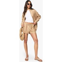 Camisa Oversize De Tela Fruncida, Beige