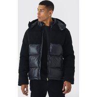 Chaqueta Acolchada De Brillo Intenso Y Borreguito, Negro