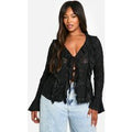 Blusa Plus En Tela Desgastada Con Volante Doble Y Atadura Frontal, Negro