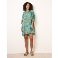 Diamante Tunic Dress With Puff Sleeve - L/XL / AQUA