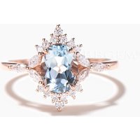 Oval Cut Natural Aquamarine Engagemant Ring Mixed Cut Diamond Halo Ring