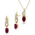 Classic Oval Ruby & Diamond Twist Drop Earrings & Pendant Set in 9ct Yellow Gold