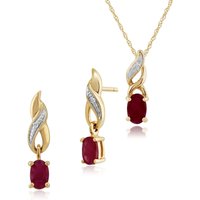 Classic Oval Ruby & Diamond Twist Drop Earrings & Pendant Set in 9ct Yellow Gold
