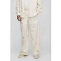 Pantalón Holgado De Mezcla De Lino Con Bordado De Flores Y Cintura Elástica, Beige
