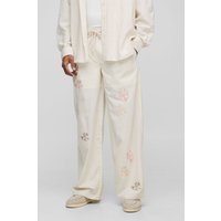 Pantalón Holgado De Mezcla De Lino Con Bordado De Flores Y Cintura Elástica, Beige