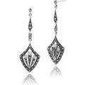 Art Deco Style Round Opal Cabochon & Marcasite Drop Earrings in Silver