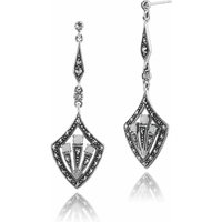 Art Deco Style Round Opal Cabochon & Marcasite Drop Earrings in Silver