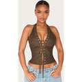 Shape Olive Washed Faux Leather Halter Neck Lace Up Corset Top