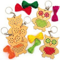 Owl Wooden Threading Keyring Kits (Pack of 5) 7 Assorted Thread Colours & Needles Incl. Size 8cm, Beginners Sewing Kits
